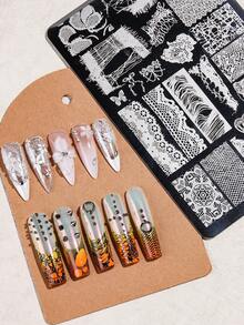 1片不鏽鋼美甲印花板，蝴蝶、花卉、蕾絲、魚網與大理石紋美甲設計，可愛迷人Y2K風格美甲裝飾，可重複使用美甲印花工具 - 美甲沙龍用品與DIY配件 - 彩色 - 查看 6