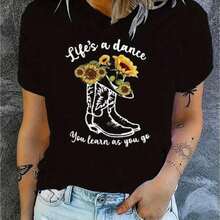 1 Piece Of Women's Black Short-Sleeved Casual Round Neck T-Shirt With Boots And Sunflower Print With The Phrase 'Life's A Dance', Regular Length, Made Of Ted Fabric For Autumn Fashion, 180g, 100% Cotton. - 黑色 - 查看 6