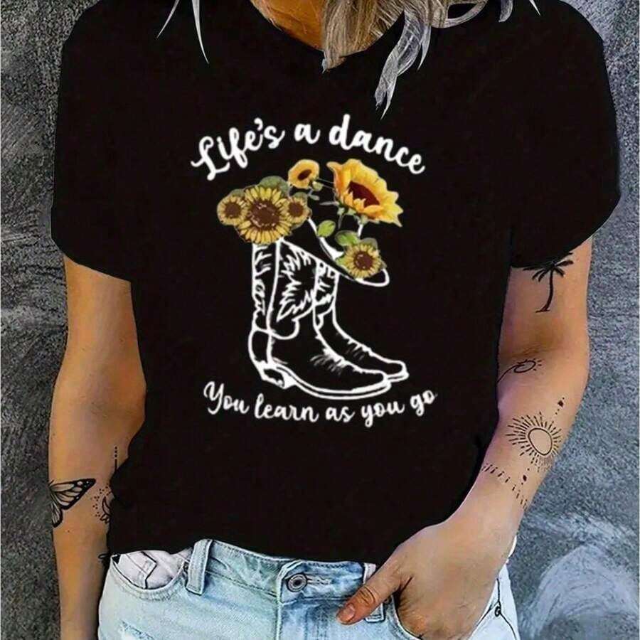 1 Piece Of Women's Black Short-Sleeved Casual Round Neck T-Shirt With Boots And Sunflower Print With The Phrase 'Life's A Dance', Regular Length, Made Of Ted Fabric For Autumn Fashion, 180g, 100% Cotton. - 黑色 5 - 查看 1