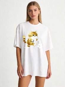Premium Casual Everyday T-Shirt For Women, Sizes S-2XL, Short Sleeve, Pure White With A Gold Cat Print, Ideal For Family And Couple Outfits, Perfect For Spring And Summer, A Great Gift For Mom, Mother's Day Gift, For Relatives And Best Friends. . - 黑色 - 查看 5