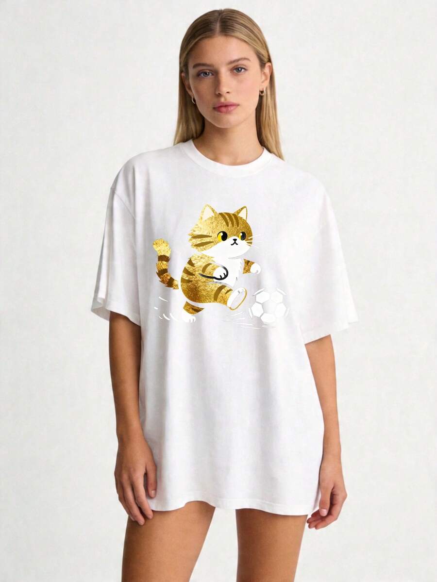 Premium Casual Everyday T-Shirt For Women, Sizes S-2XL, Short Sleeve, Pure White With A Gold Cat Print, Ideal For Family And Couple Outfits, Perfect For Spring And Summer, A Great Gift For Mom, Mother's Day Gift, For Relatives And Best Friends. . - 白色 - 查看 1