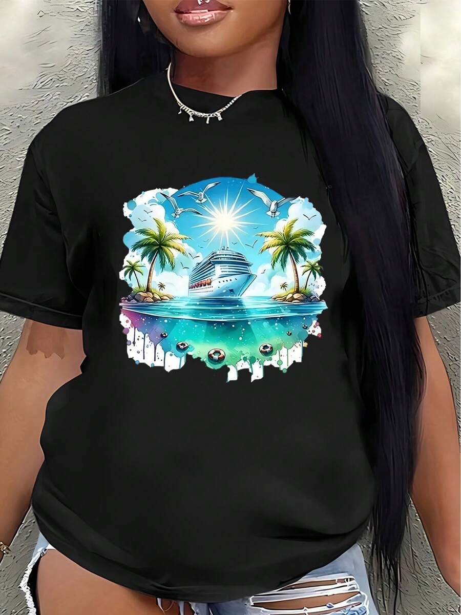 Women's Short-Sleeved Polyester T-Shirt With A Tropical Island Cruise Print. Lightweight And Durable, It's Suitable For Casual Wear At The Beach, Resort, Or Vacation Settings. Comfortable And Fitted For Everyday Wear. - 黑色 - 查看 1