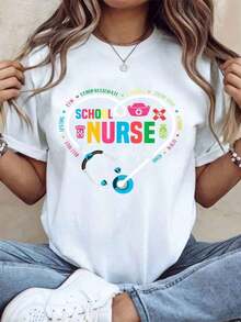 School Nurse T-Shirt For Nurses: Compassionate, Caring, Educational, Kind, Warm, Reliable, Fun. Gift For Nurses And Healthcare Workers, For Birthdays, Christmas, Or Holidays. Short-Sleeve T-Shirt, Crew Neck, Urban Vintage Style, Unisex, Loose Fit Cotton, 220g, 100% Cotton. - 白色 - 查看 1