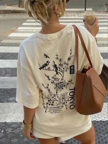 Camiseta de manga corta de cuello redondo con estampado minimalista japonés de Tokio, de moda sencilla y verátil, adecuada para mujeres Ropa deportiva estilo Y2K, cuello redondo, 100% algodón, tejido suave, manga corta. - Albaricoque - Ver 1