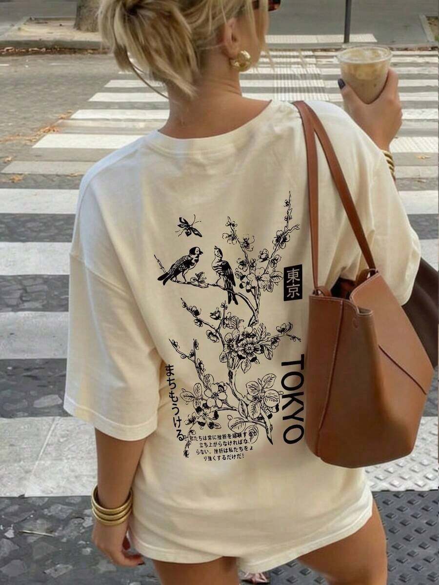 Camiseta de manga corta de cuello redondo con estampado minimalista japonés de Tokio, de moda sencilla y verátil, adecuada para mujeres Ropa deportiva estilo Y2K, cuello redondo, 100% algodón, tejido suave, manga corta. - Albaricoque - Ver 1