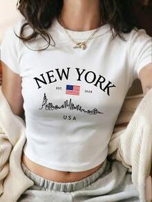 女款圓領短袖T恤，夏季新款國旗圖案與字母印花，時尚修身短版上衣，適合日常休閒穿著，白色 - 白色 - 查看 7