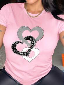 Nueva camiseta de manga corta para mujer, primavera/verano 2025, sencilla y elegante con estampado de anillos en forma de corazón, camiseta versátil de cuello redondo para uso diario, diseño circular - fácil de lavar y mantener para el uso cotidiano. - Blanco - Ver 10