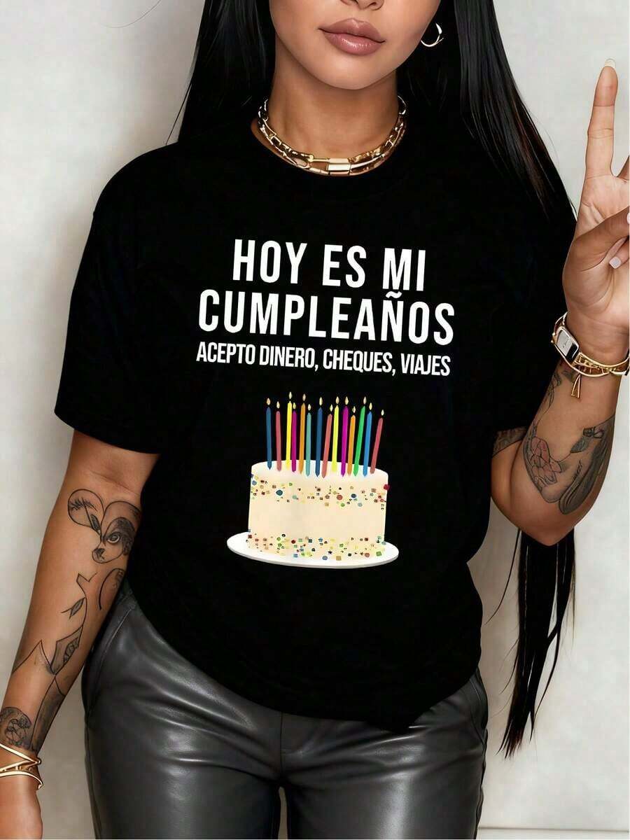 Simple And Versatile Design. Birthday Cake With Candles And The Phrase "Today Is My Birthday, I Accept Money, Checks, Travel" Celebrating A Special Day. Women's T-Shirt Made Of Soft Cotton. - 黑色 - 查看 1