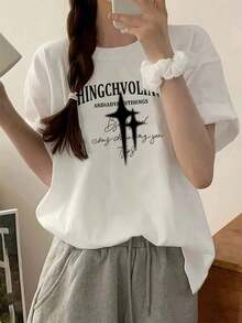 Moda 2026 Para Mujer Cotton T-shirt Casual Calidad  Casual Daily[Japanese And Korean Special]Plus Size Women's Short Sleeve T-Shirt, New Spring/Summer Korean Style Loose Fit Solid Color Pullover, Versatile Simple Top, Fashionable Commuting Top For Women, Slimming Solid Color T-Shirt, Graphic Tees  Camiseta Básica Unisex - Blanco - Ver 8