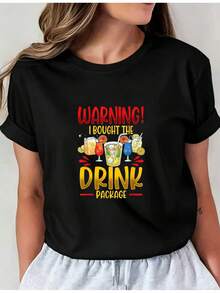 Women's Printed T-Shirt - Casual Short Sleeve Crew Neck T-Shirt In Black With Colorful Text WARNING! I BOUGHT THE DRINK PACK, Relaxed Fit For All Seasons, Perfect For Everyday Wear And Holiday Outfits (Machine Washable). - 黑色 - View 6
