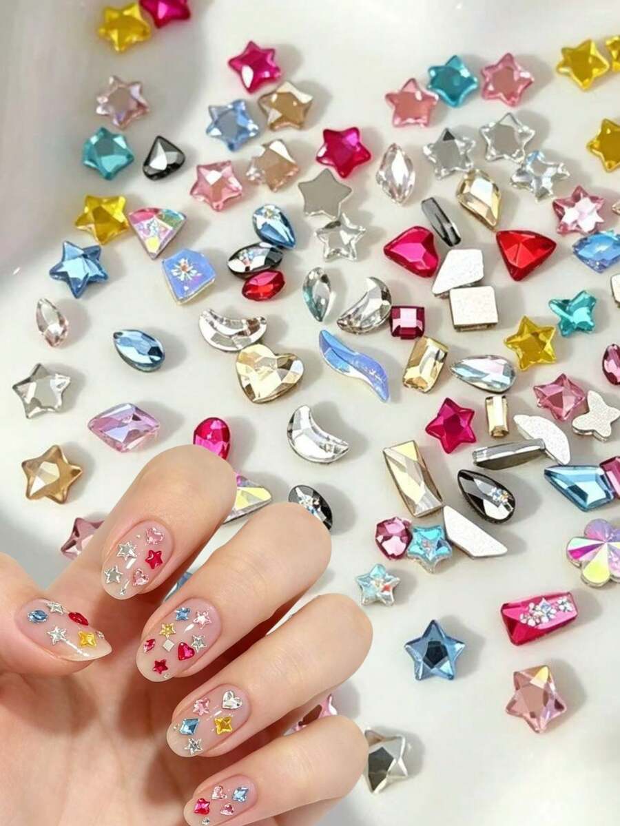 40pcs Mixed Color Flat Bottom Nail Rhinestones Set, Includes Star, Heart And Other Irregular Cut Faceted Rhinestones, High Sparkle Transparent Faceted Design, Suitable For Various Nail Art Styles, Self-Adhesive Flat Bottom For Easy Application, Long-Lasting, Create Dreamy Sparkling Elegant Nail Art - Multicolor - View 1