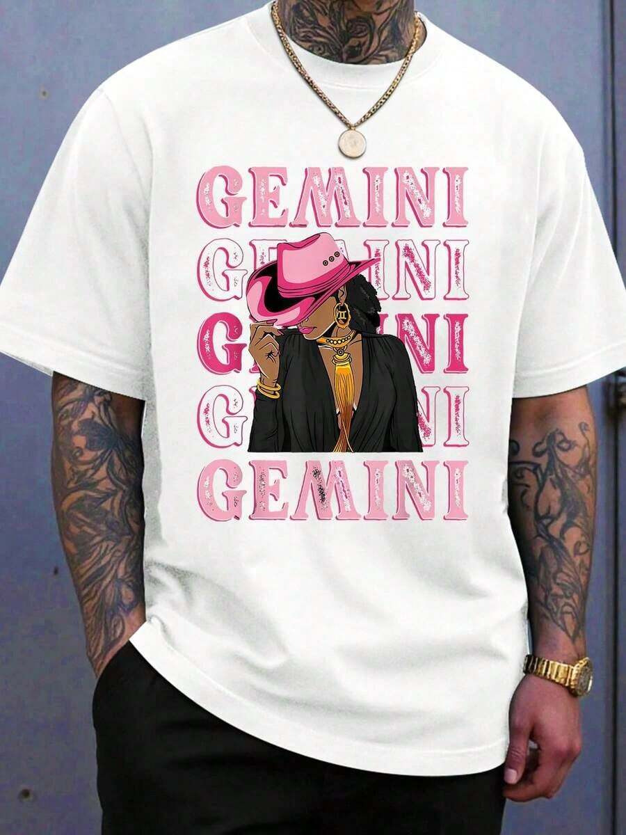 Camiseta con el Signo Zodiacal Géminis, Diseño de Sombrero Rosa y Cadena Dorada para Hombres y Mujeres, Ropa Urbana Unisex, Regalo de Moda para Fiesta de Cumpleaños de Géminis, para Amantes de la Astrología - Blanco - Ver 1