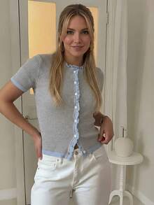 French Style Wood-Look Trim Contrast Color Knit Short Sleeve Cardigan Women's Summer New Slim Fit Cropped Top Gentle Elegant Slimming Blouse - Grey - View 5