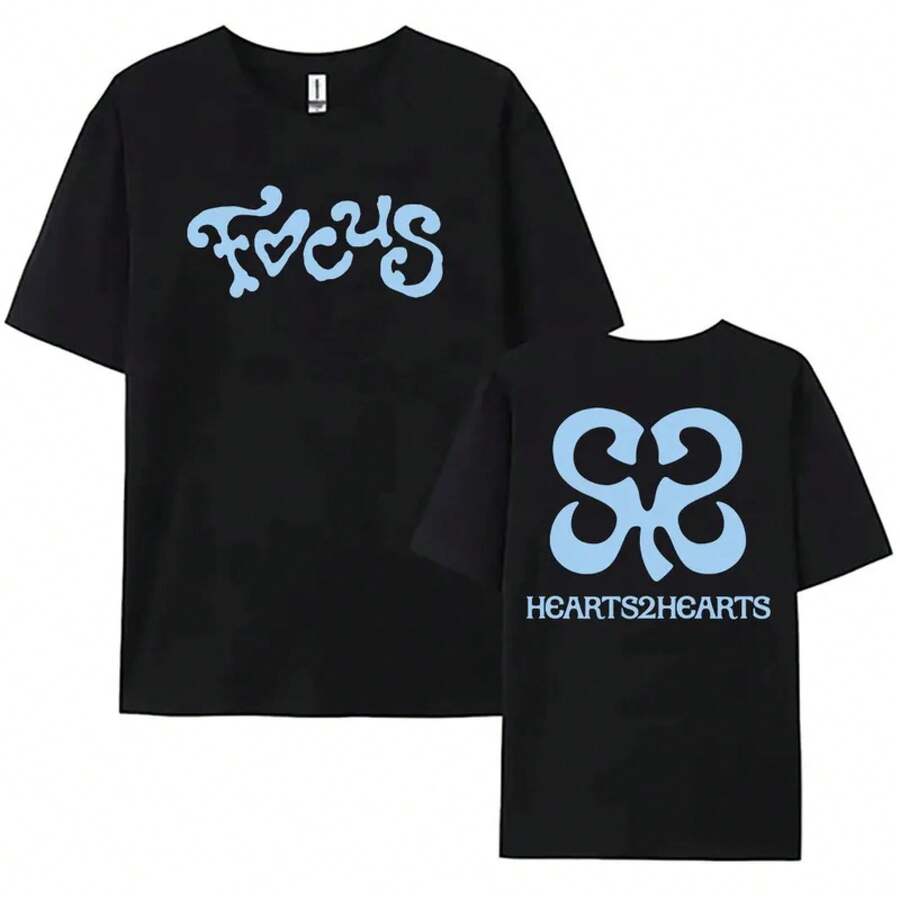 Hearts2Hearts Focus Graphic Cotton Short Sleeve T-Shirts, Casual Women's T-Shirts, Fashionable Korean Style T-Shirts For Girls, Streetwear T-Shirts - 黑色 - 查看 1