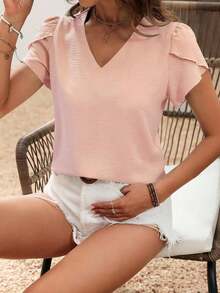 Blusa de unicolor casual con mangas con diseño de pétalos para vacaciones - Rosa - Ver 5