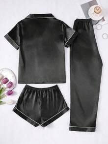Conjunto de pijama de 3 piezas para mujer con cuello de seda falsa de unicolor y ribete contrastante - Negro - Ver 2