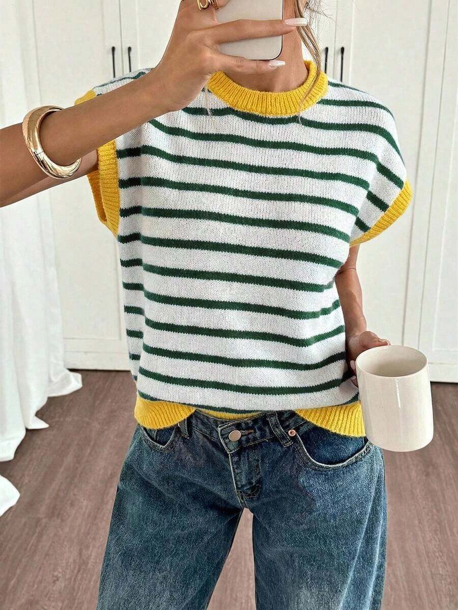 Blusa de punto de manga de murciélago con rayas de color contrastante, casual de verano para mujer - Multicolor 4 - Ver 1