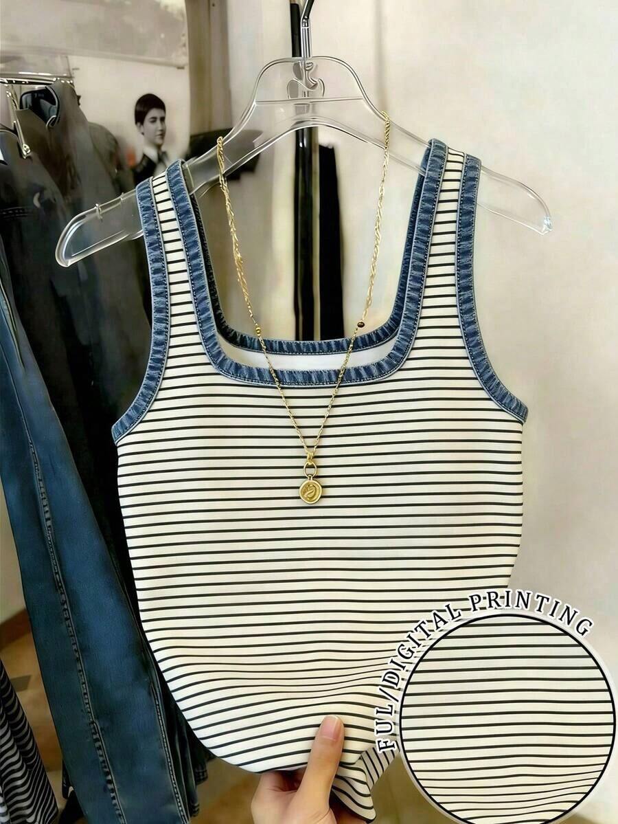 Camiseta de tirantes ajustada con cuello cuadrado y rayas para mujer - Multicolor - Ver 1