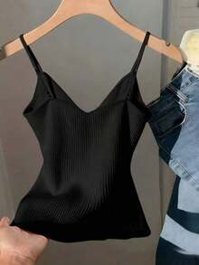 Top de tirantes finos de mujer con textura de tela sin mangas y decoración de lazo para el verano - Negro - Ver 2