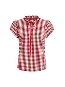 Camisa de mujer de manga corta, con lazo, volantes, a cuadros, elegante y casual para vacaciones y picnic, primavera/verano - Rojo y blanco - Ver 6
