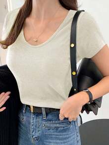 Camiseta básica de mujer de cuello redondo y manga corta, color marrón sólido, parte superior estilo universitario para primavera/verano - Blanco 2 - Ver 6