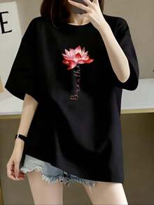 Oferta Especial: Camiseta cómoda negra con diseño de flor lila fresca moderna estilosa ligera para mujer adecuada para el verano talla única tamaño grande categoría moda  - Ropa de Moda Casual Suave y Transpirable para Diario - Negro - Ver 6