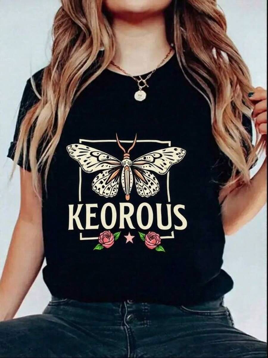 Unisex Pure Cotton Printed Casual T-Shirt. Original Butterfly Print T-Shirt + Modern Keorous Design + Comfortable Cotton For Women + Ideal For Everyday Wear + Available In Black + Casual Wear + International Fashion. Comfortable And Versatile For School, Work, Outings, And Casual Events. - 黑色 - 查看 1