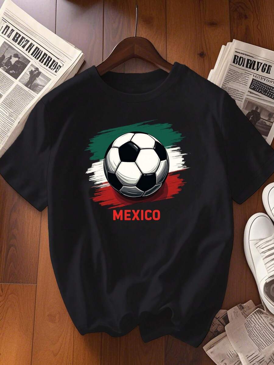 Women's Mexico Soccer Jersey - Flag And Ball Print, Short Sleeve, Crew Neck, Casual, Ideal For Fans, Game Days And Casual Wear - 黑色 - 查看 1
