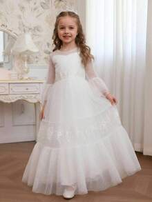 Weißes Langarm-Kleid für Kleine Mädchen, Tüll-Kleid mit Pünktchen-Muster, ausgestellte Ärmel, Stickerei, mehrstufiger Kuchen-Blumen-Prinzessinnen-Look - Weiss - Übersicht 3