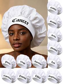 1 pieza Gorro de satén con impresión de los 12 signos del zodíaco, unisex y personalizado. Gorro de dormir elástico y suave, protección contra el frizz, cubierta portátil para el cuidado del cabello para el hogar, los viajes y el uso diario en todas las estaciones. - Blanco - Ver 1