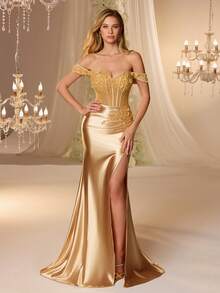 Luxury Gold Off-Shoulder Mermaid Bridesmaid Dress, Exposed Shoulder Design, Back Slit, Elegant Slim Fit Cut, Suitable For Proms And Parties Wedding - Champagne - View 6