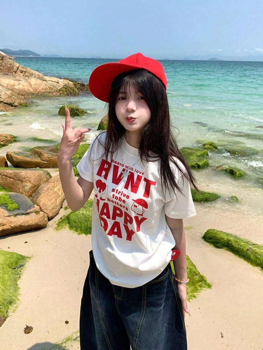 Nueva Camiseta de Verano Estilo Y2K para Mujer, con Estampado Divertido en Inglés, Cuello Redondo, Manga Corta, Casual - Alta Calidad - Blanco - Ver 1