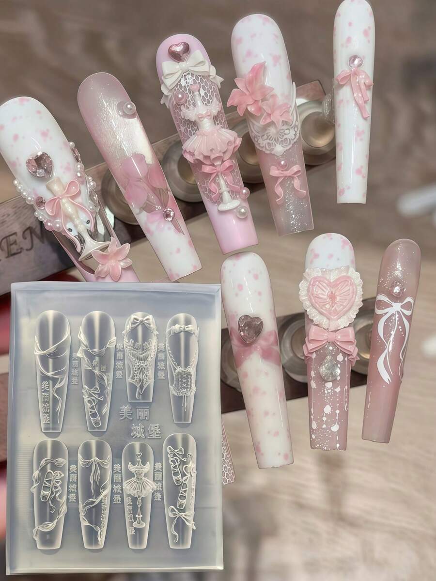 1件天使翅膀、芭蕾舞鞋、蝴蝶结丝带装饰优雅3D美甲硅胶模具 - 無色 - 查看 1