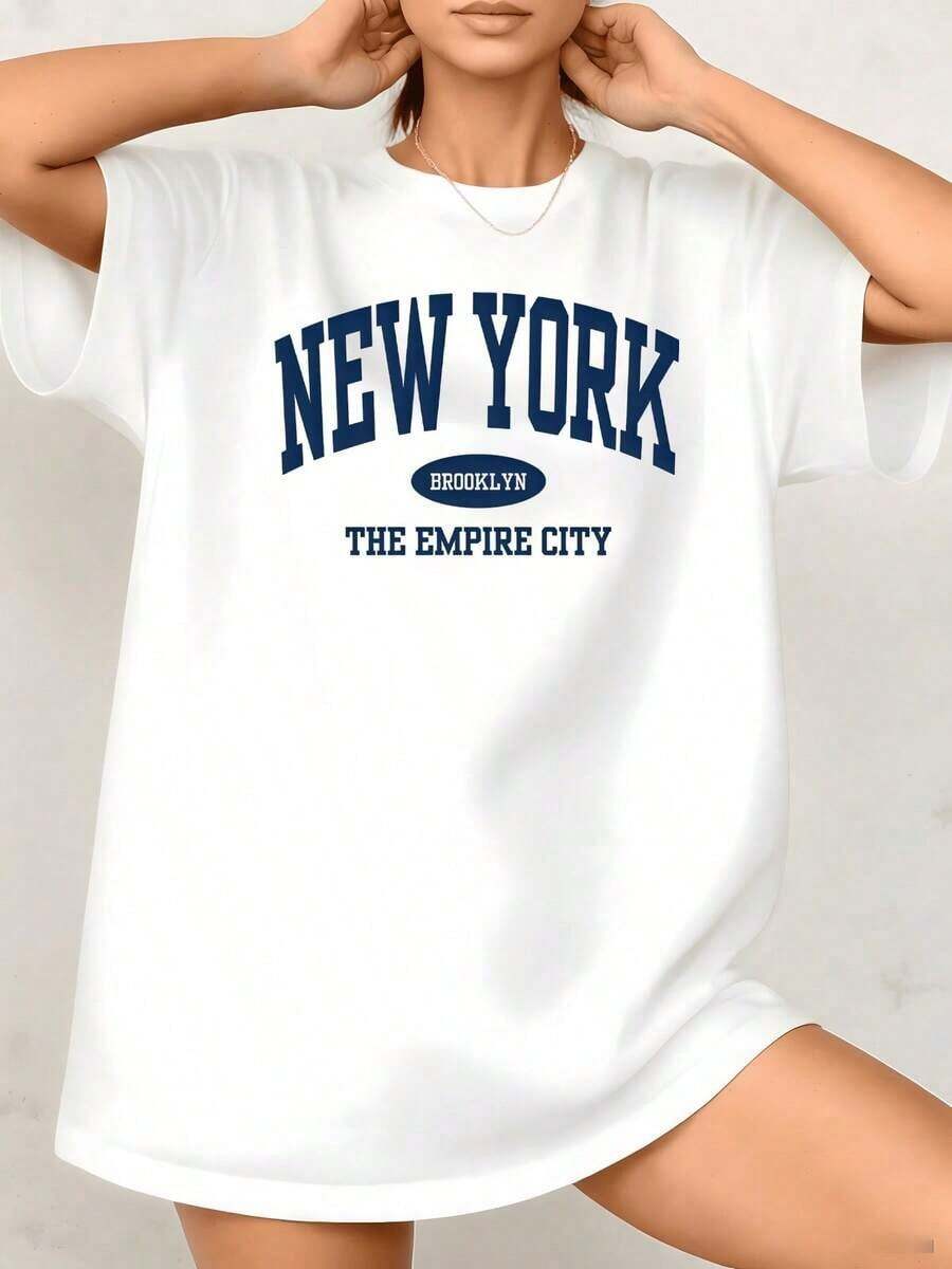 1 Piece Of Women's Retro Style T-Shirt Featuring New York, Brooklyn, Empire City, With Vintage Graphic Print, Urban Travel Theme, 100% Cotton, Round Neck. - 白色 - 查看 1