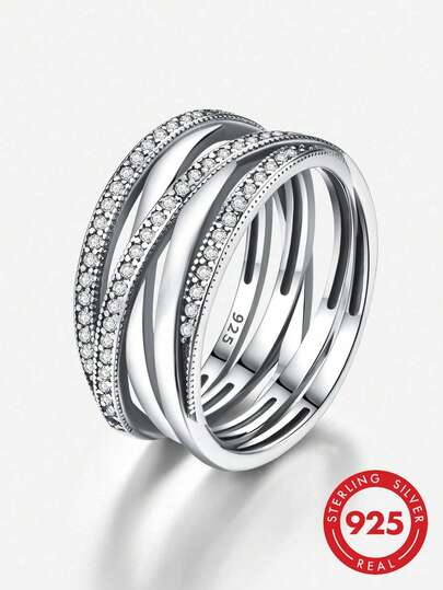 1 pezzo Anello in argento sterling 925 con design a linee, anello versatile da indossare quotidianamente per le donne, accessorio da festa, anello di alta qualità per donna, regalo di gioielleria raffinato