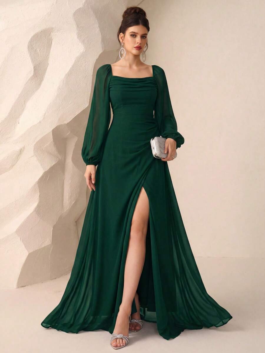 Langärmliges Chiffonkleid mit Rüschen, Schlitz, rückenfreiem Design und Gürtel, geeignet als Brautjungfernkleid, Hochzeitskleid, Geburtstagskleid, Abschlussballkleid, Abendkleid - Dunkelgrün - Übersicht 1
