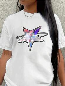 Camiseta de manga corta, ligera y duradera, con un vibrante diseño de estrellas, es perfecta para el ocio en casa o para salir a comer, ofreciendo una experiencia de uso diario cómoda.blusa casual mujer - Blanco - Ver 7