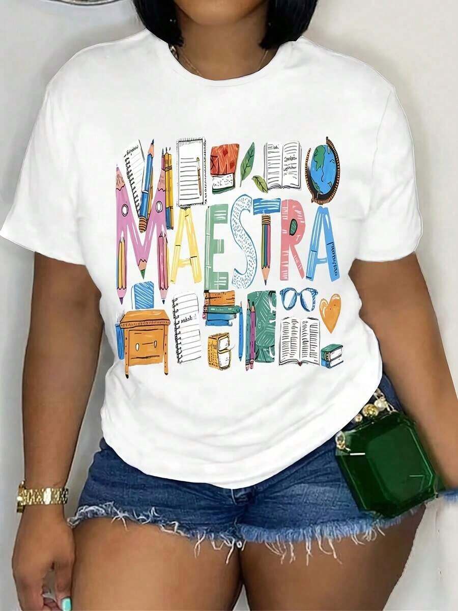 Women's Short-Sleeved T-Shirt, Soft And Breathable, 100% Cotton - Graphic Print With Teacher Theme, Casual Round Neck Top For Back To School Season, Versatile T-Shirt For Educators And Mothers, Teacher T-Shirt, Women's T-Shirts. - 白色 - 查看 1