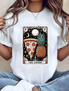 Camiseta de Mujer Under The Radar con Estampado de Pizza, Piña y Carta del Tarot Los Amantes, Cuello Redondo, Estilo Casual de Verano, Regalo - Estilo Urbano Vintage, Unisex, de Algodón, Manga Corta, Cuello Redondo - Blanco - Ver 6