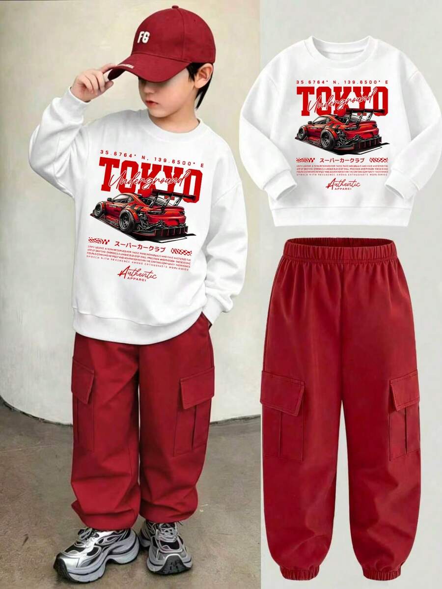 Tween Boy Crew Neck Letter Car Print Long Sleeve Sweatshirt And Sweatpants Casual Daily Set - Red - View 1