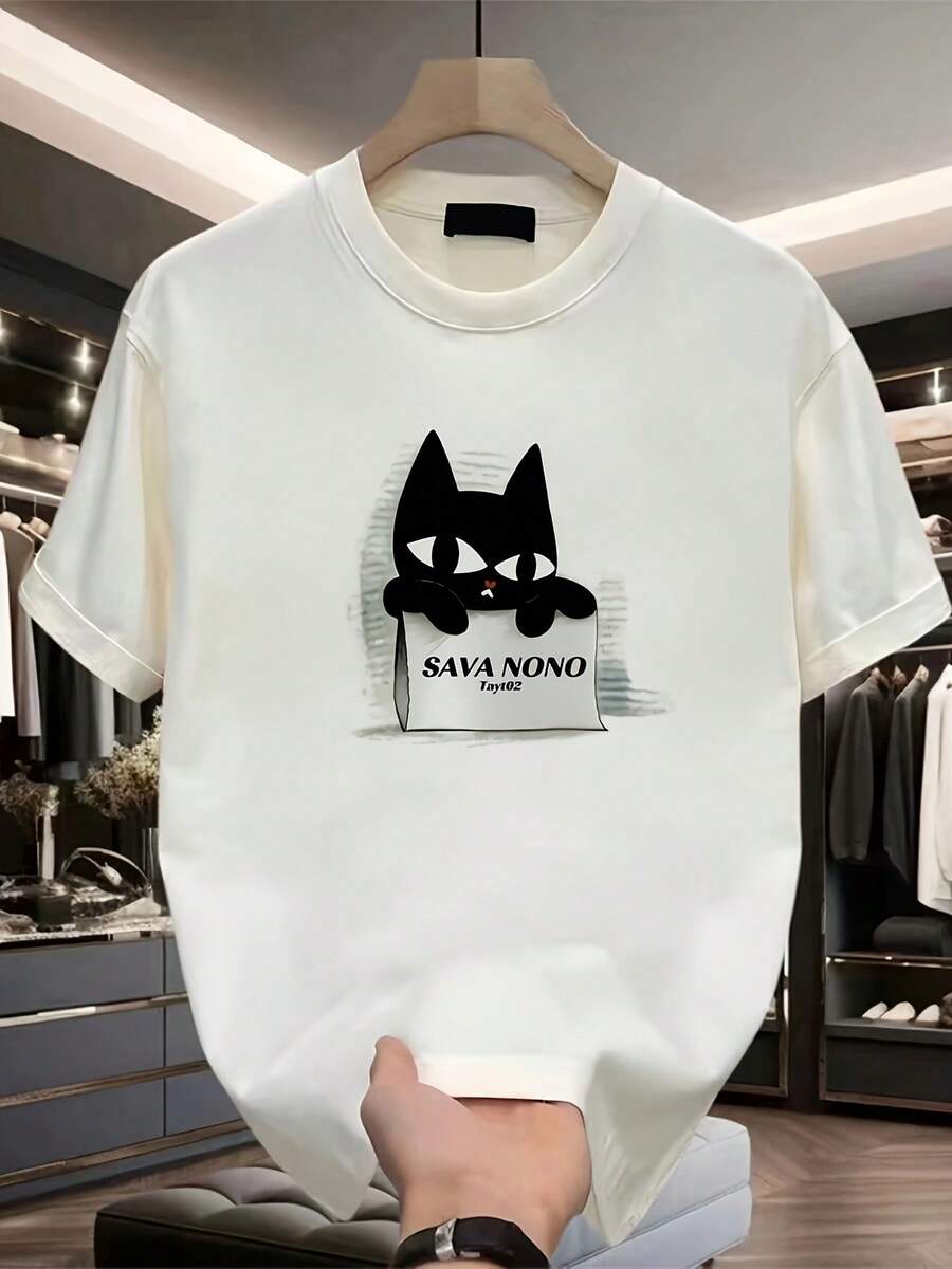 Camiseta de manga corta de algodón puro pesado, marca de moda, estampada, nueva de verano para hombres, talla grande, versátil y casual - Blanco - Ver 1