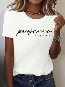 1 PcsWomen'S Casual Prosecco Please Graphic Tee - Gray, Short Sleeve, Round Neck, Stretchy Blend, Summer Style, Relaxed Fit, Casual Wear Playful Graphic Tee Comfortable Fit180g Cotton 100% - 白色 - 查看 9