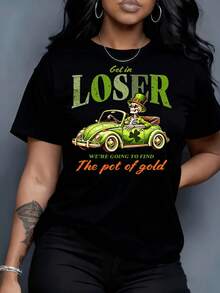 Suave Camiseta de Manga Corta para Mujer, Blanco y Negro, para Ocio al Aire Libre y en Casa, 200g, Camiseta Unisex de Algodón con Diseño Divertido de Coche Esqueleto para el Día de San Patricio, Regalo para Fiestas, blusa casual mujer, blusas para mujer, playeras de mujer algodon - Negro - Ver 1