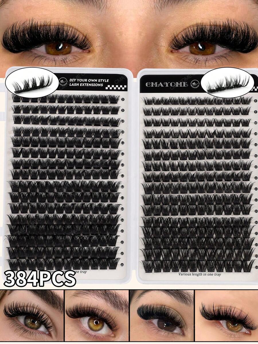 448/384pcs-Bộ nối mi giả tự nhiên dạng cụm DIY, mi giả đơn lẻ cong C bồng bềnh kéo dài, chiều dài 9-16mm, cụm mi giả - Mi nối cao cấp cong D bồng bềnh & tự nhiên cho ghép mi DIY, có thể tái sử dụng, nhẹ, dễ đeo