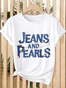 Camiseta estampada para mujer - camiseta casual de manga corta y cuello redondo en color blanco con texto azul y puntos naranjas. Corte relajado, para todas las estaciones, perfecta para uso diario y atuendos de vacaciones (lavable aáquina). - Blanco - Ver 1