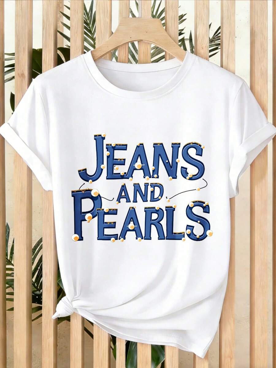 Camiseta estampada para mujer - camiseta casual de manga corta y cuello redondo en color blanco con texto azul y puntos naranjas. Corte relajado, para todas las estaciones, perfecta para uso diario y atuendos de vacaciones (lavable aáquina). - Blanco - Ver 1