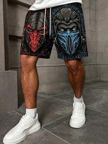Celana Pendek Streetwear Kasual Pria Ukuran Besar Motif Masker Merah & Biru dengan Tali Serut di Pinggang - MultiWarna - View 2