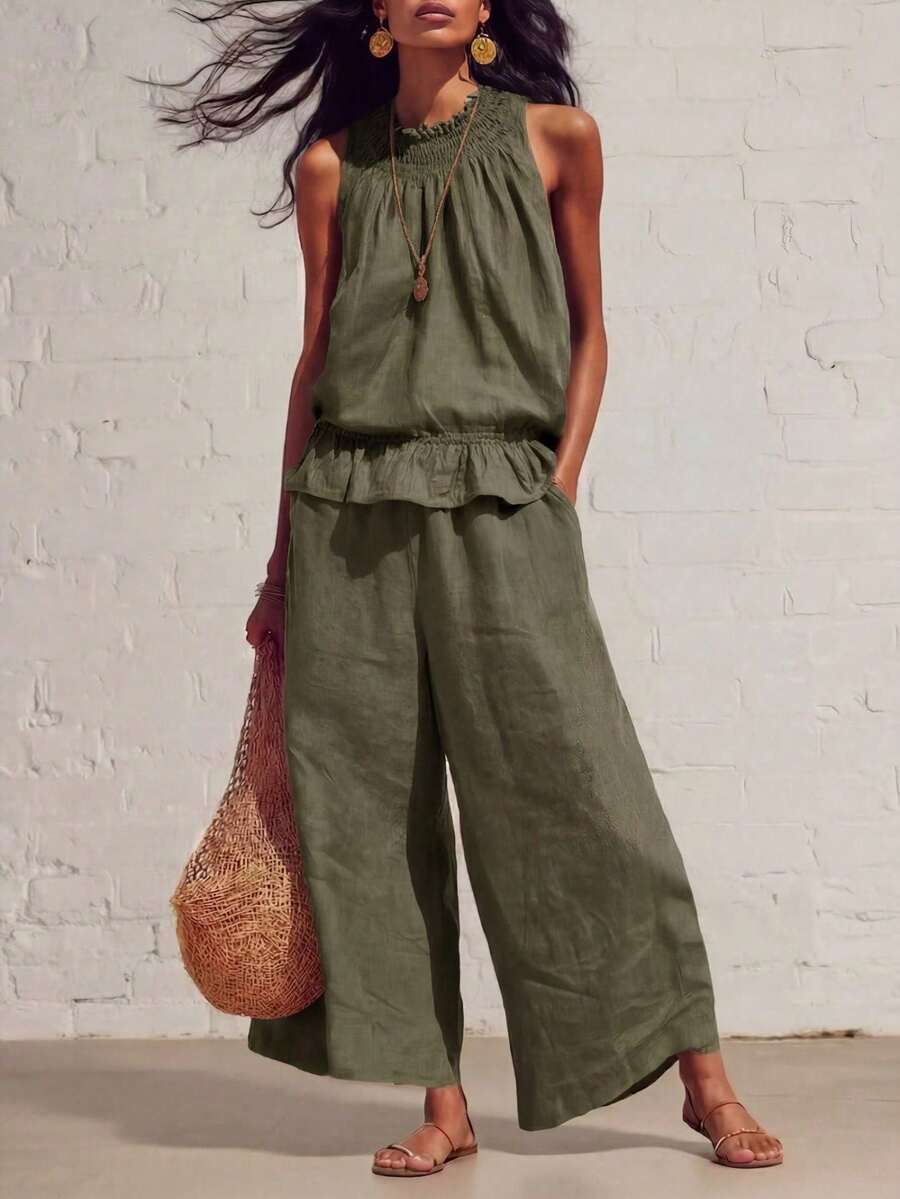 Nuevo conjunto de dos piezas de lino y algodón de estilo bohemio retro con volantes - Verde militar - Ver 1