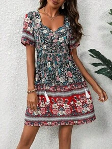 Vestido con estampado floral de cuello con cordón y fleco - Multicolor - Ver 5