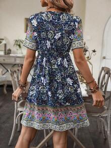 Vestido con estampado floral de cuello con cordón y fleco - Blanco - Ver 2